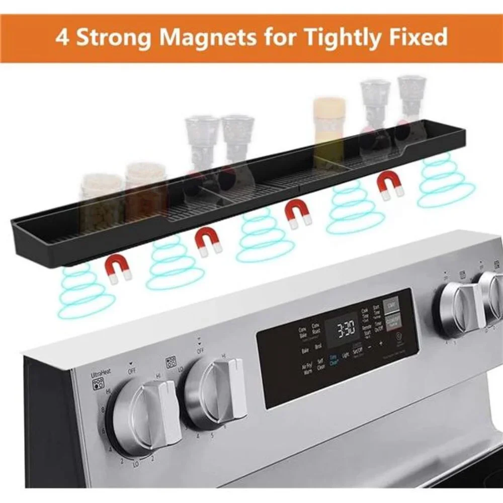 Stove Top Shelf 30 Inch Silicone Material Magnetic Shelf for Stove 3 Partitions
